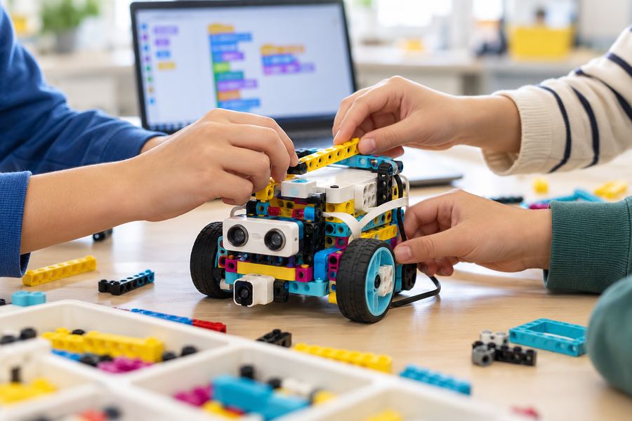 Alumnos montando un robot educativo con piezas de construcción