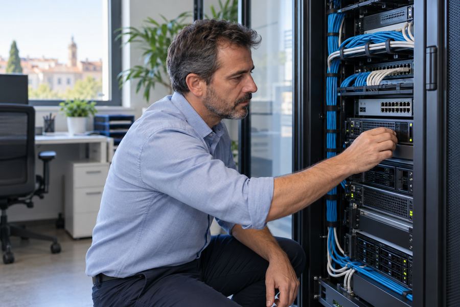 Técnico revisando el armario de red de una oficina
